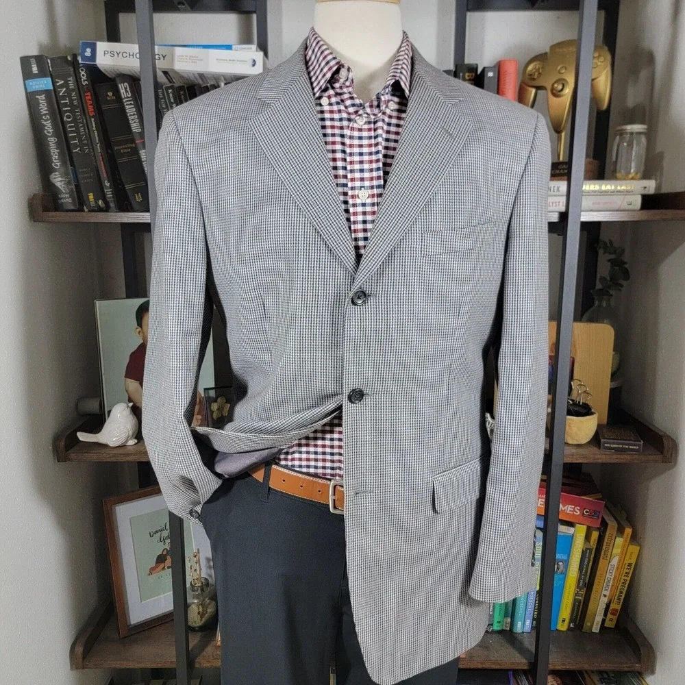 Jones New York Men's Sport Coat Three Button Gray Houndstooth Silk Wool Size 40L